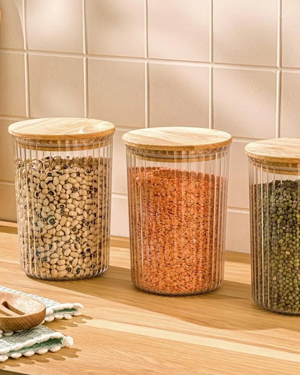 بانکه حبوبات تکی شیاردار درب چوبی 900 میلی لیتر کد 2506