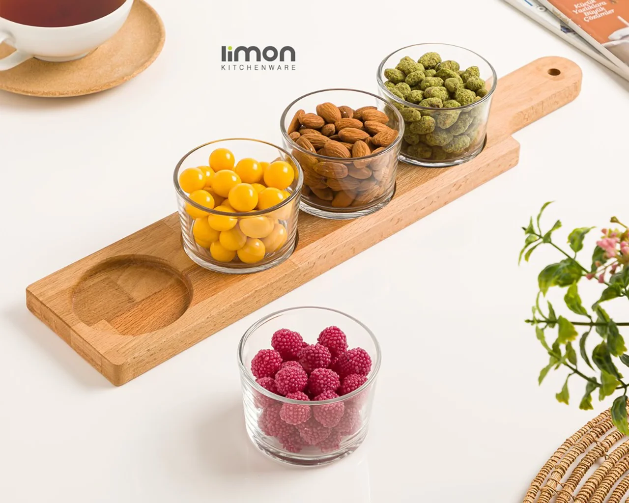 اردورخوری کاسه گرد 4 عددی پایه چوبی لیمون کد 2223